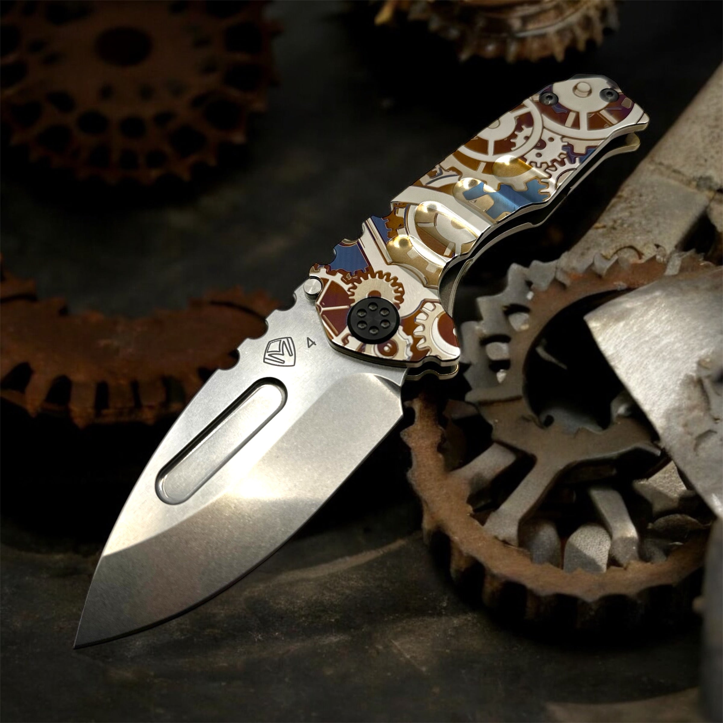 Medford Knife Praetorian Genesis T S45VN Tumbled DP, Bronze Steampunk Handle, Bronze Spring, Black HW, DLC Clip